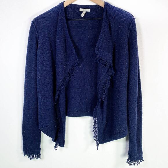 Joie Nalah Fringe Drape Open Knit Cardigan in Navy Blue Confetti Size XS - Picture 2 of 6